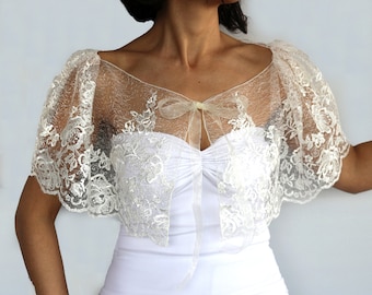 Embroidered tulle bridal cape, Off white tulle capelet, Sheer bridal topper, Lace wrap top Wedding shrug bolero Tulle shawl shoulder overlay