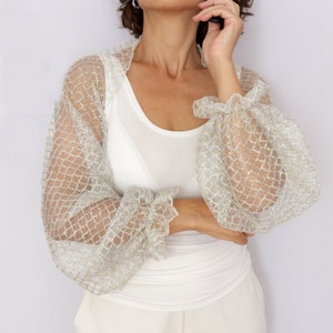 Gold silver tulle bridal shrug, Sheer puff sleeve bolero, Cream mesh wedding jacket, Elegant bridesmaid cover up, Puff sleeve bridal wrap
