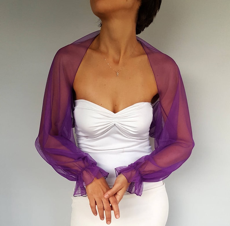 Veste de mariage en tulle, robe en tulle à manches bouffantes, couleur personnalisée ultra violet, violet foulard de demoiselle d'honneur enveloppement Capelet image 8