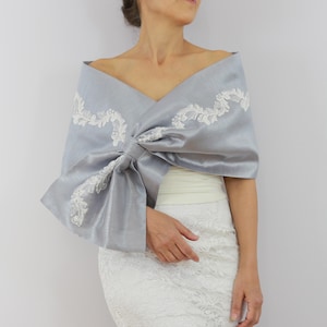 Embroidered Taffeta Bow Shawl: Gray Wedding Wrap, Evening Stole
