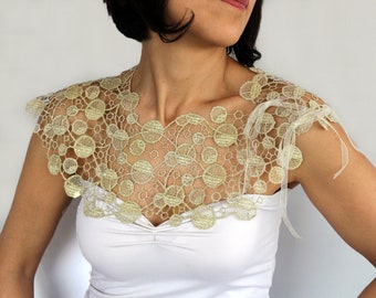 Gold lace bridal shoulder jewelry necklace, Wedding collar capelet, Formal elegant bolero shrug, Wedding caplet, Evening dress cover up wrap