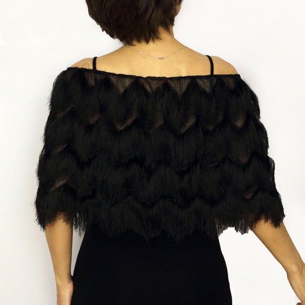 Black wedding capelet shawl, Fringed bridal cape, Evening dress topper, Shoulder cover up, Flapper caplet, Boho bride bolero shrug