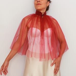 Burgundy sheer tulle bridal cape, High-neck wedding shawl, Detachable evening mesh capelet, Short topper for bride and formal events