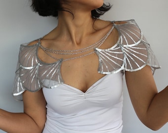 Bridal shoulder cape with silver sequin wings, Modern metallic wedding shrug, Statement bridal harness, Romantic bolero wrap topper