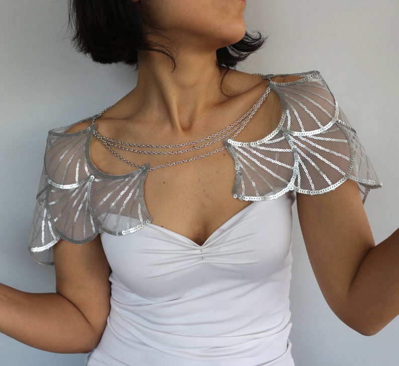 Bridal shoulder chain, Bridal shrug metallic gray sequin wing sleeves, Special occasion wedding cape harness fashion, Bolero modern romantic image 1