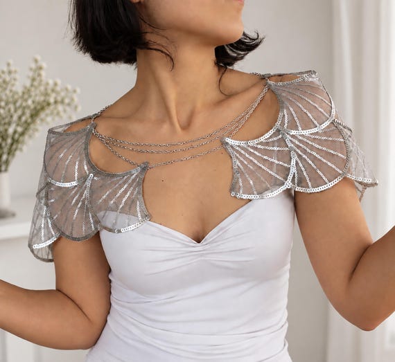 Silver Sequin Bridal Capelet, Shoulder Jewelry, Wedding Dress Topper