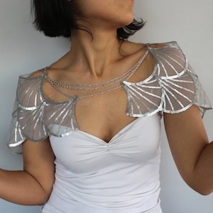 Gold Sequin Bridal Capelet Shoulder Harness Wedding Caplet Cape Chain, Flapper Shrug Sequin Wing Sleeves, Occasion Bolero Modern Romantic image 4