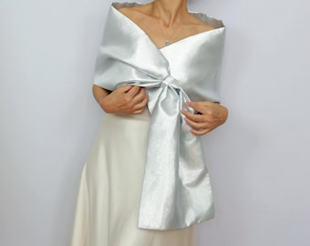 Plain silver taffeta wedding shawl, Hands free bridal wrap, Bridal cocktail dress capelet, Mother of the bride pull through evening stole