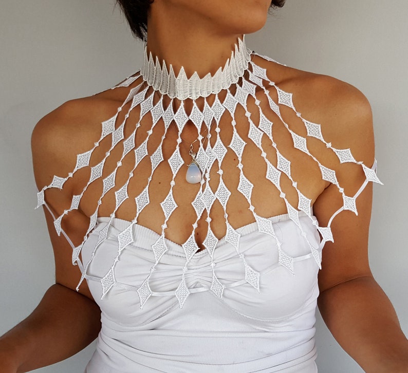 Guipure lace Art Deco wedding shoulder jewelry capelet, Bridal cape, Bridal body jewelry bolero, Great Gatsby shrug, Lace bridal capelet image 10