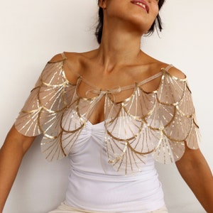 Gold Sequin Tulle Wedding Capelet: Bridal Shoulder Wrap