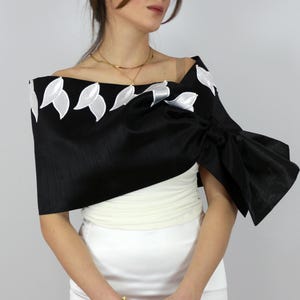 Black white taffeta wedding dress topper, Bridal shoulder cover up stole, Bride shawl wrap, Elegant mother of the bride evening capelet