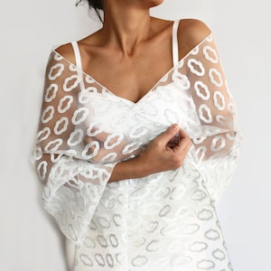Sheer organza bridal shawl, Silver gray mesh wedding capelet wrap, Elegant evening dress cover-up, Lightweight scarf stole shrug for brides