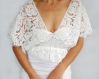Ecru lace bridal separates top, Off-white lace wedding crop top, Lace top for bride, Lace wedding blouse top, Bridal shrug Gown dress topper