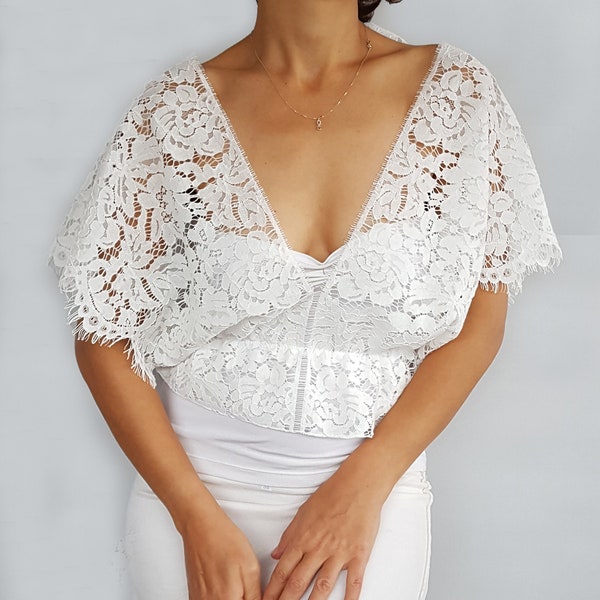 Ecru kant bruids scheidt top, Off-white lace bruiloft crop top, Lace top voor bruid, Lace bruiloft blouse top, Bruids schouderophalend Jurk jurk topper