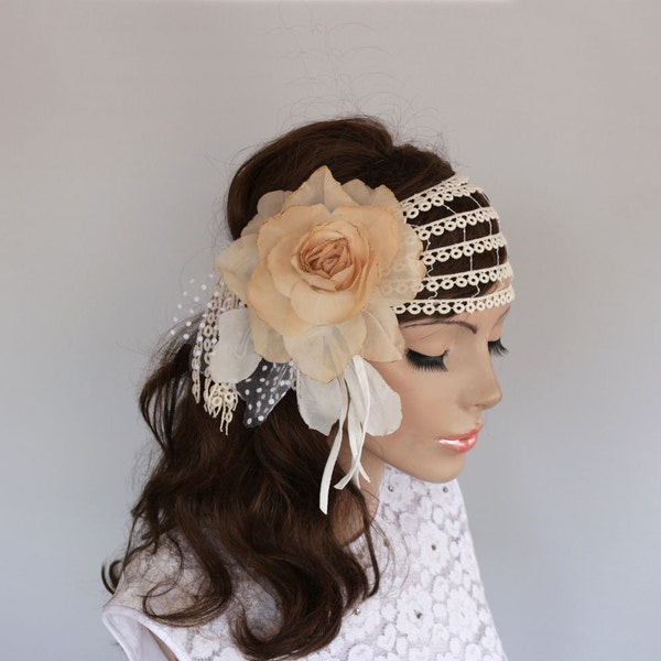 Juliet Cap Veil, Rustic Bridal Headpiece, Flower Hairpiece Retro Wedding Headband Headdress Fascinator Ecru Antic Beige Lace Hair Blush Silk