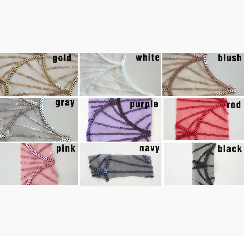 Color chart showing the available shades of the sequin embroidered bridal shoulder capelet, including gold, white, blush, gray, pink, navy, red and black.