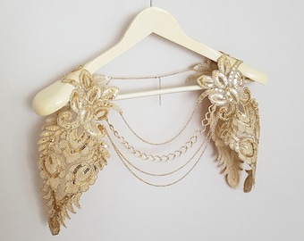 Collier d'épaule de mariée, cape de mariée en paillettes d'or, cape de mariage à manches d'aile, boléro de mariage, boléro de haussement d'épaules de mariée, collier de bijoux d'épaule