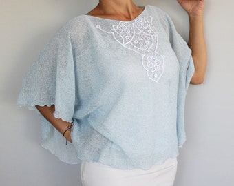 Boho wedding sky blue cotton  summer blouse, Bridal separates top, Shimmering bridal tunic, Wedding shrug topper, Bohemian bride fashion