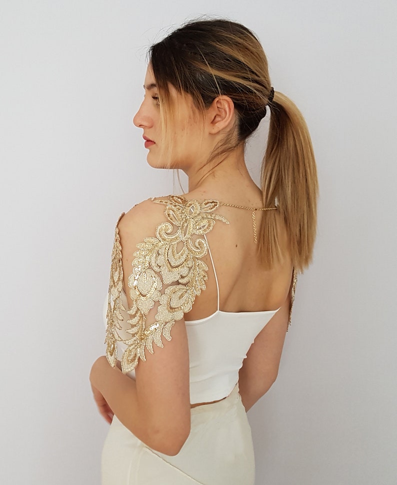 Bridal shoulder necklace, Gold sequin bridal cape, Wing sleeves wedding cape, wedding bolero, bridal shrug bolero, Shoulder jewelry necklace image 8