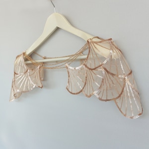 Rose gold mermaid sequined wedding cape, Wing sleeved blush shoulder necklace capelet, Modern bridal shrug harness chain, Evening bolero