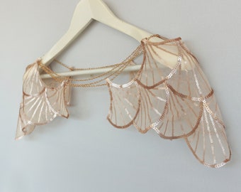 Rose gold mermaid sequined wedding cape, Wing sleeved blush shoulder necklace capelet, Modern bridal shrug harness chain, Evening bolero