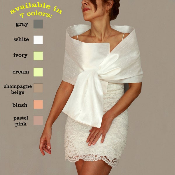 Châle de mariage en taffetas blanc, étole d’épaule de mariée, couverture de robe, topper de robe de soirée, cape de tenue formelle de la mère de la mariée