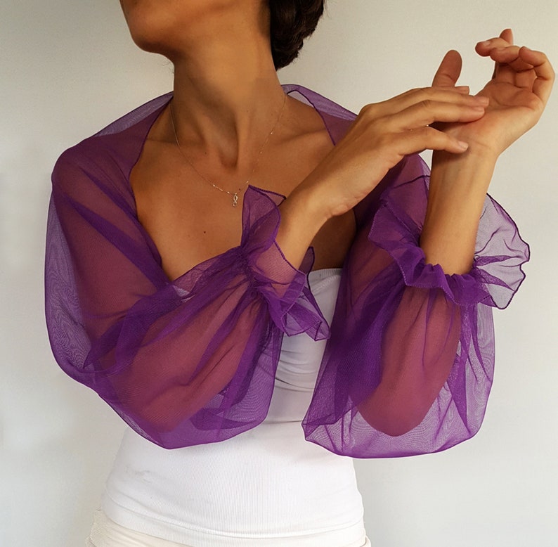 Veste de mariage en tulle, robe en tulle à manches bouffantes, couleur personnalisée ultra violet, violet foulard de demoiselle d'honneur enveloppement Capelet image 2