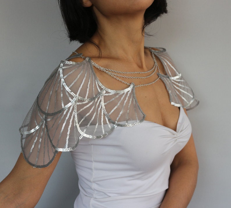 Bridal shoulder chain, Bridal shrug metallic gray sequin wing sleeves, Special occasion wedding cape harness fashion, Bolero modern romantic image 5