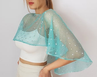 Sheer tulle turquoise bridal capelet, Wedding shawl cape, Robin's egg blue wedding dress topper, Mesh sequin bolero shrug, Shoulder cover up