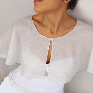 Minimalist bridal capelet, Sheer shimmery white wedding shawl, Glitter chiffon wrap, Lightweight dress cover up