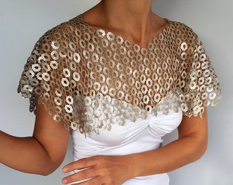 Gold sequin bridal capelet, Sparkling wedding cape, Pale gold bolero, Glitter evening dress cover-up, Bride shoulder wrap, Reception shawl