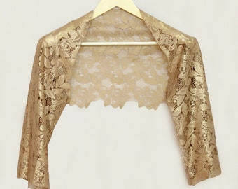 Metallic Lace Wedding Bolero: Tan Beige Bridal Shrug