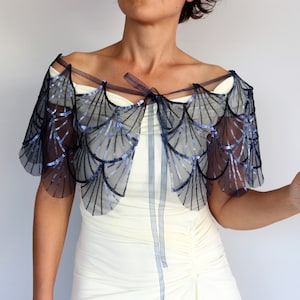 Navy sequin tulle capelet, Bridal shoulder topper, Elegant wedding bolero shrug, Evening sheer cover-up