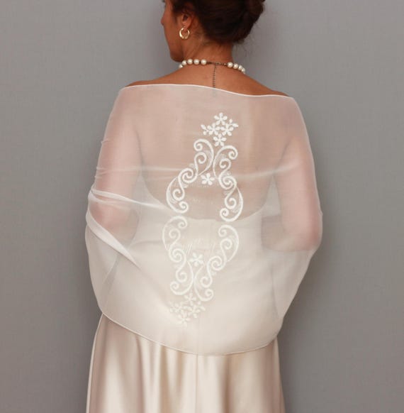 shawl for backless dress Ecru Chiffon Bridal Shawl, Floral Embroidered Sheer Wedding Wrap Sleeve Type:CAMI Stretch Factor Style:EE0164ANB Eliza Long Sleeve Cowl