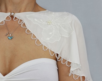 Silk Wedding Capelet: Beaded Bridal Shawl, Ecru Flower Applique