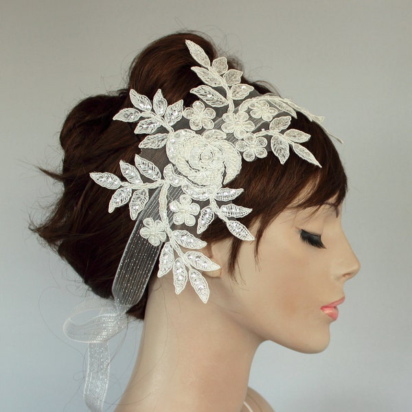 Beady Weddings Fascinator, Off White Cream Ivory Bridal Head Piece, Headband in Venetian Lace Applique. Handmade