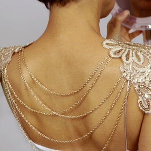 Gold sequin epaulette cape, Bridal shoulder necklace, Chain body jewelry, Wedding shrug, Bridal capelet bolero, Extravagant fashion