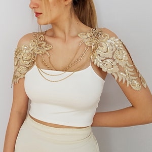 Bridal shoulder necklace, Gold sequin bridal cape, Wing sleeves wedding cape, wedding bolero, bridal shrug bolero, Shoulder jewelry necklace image 4