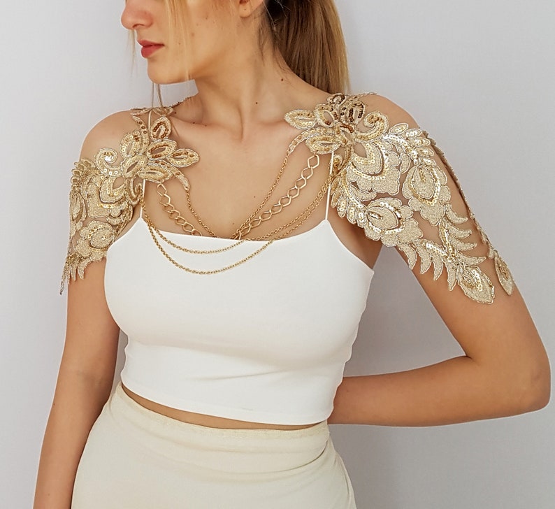 Bridal shoulder necklace, Gold sequin bridal cape, Wing sleeves wedding cape, wedding bolero, bridal shrug bolero, Shoulder jewelry necklace image 4