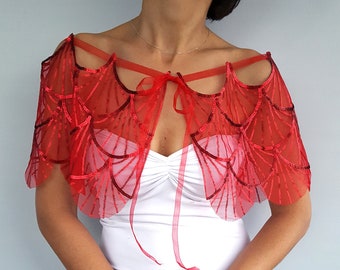 Red sequin wedding cape, Bridal tulle capelet, Evening dress cover up, Art deco bridal shrug, Sheer bridal cape, Wedding bolero Dress topper