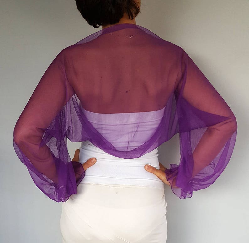 Tulle Wedding Jacket, Puff Sleeved Mesh Dress Cover Up, CUSTOM COLOR Ultra Violet, Purple Evening Wrap Bridesmaids Shrug Capelet image 4