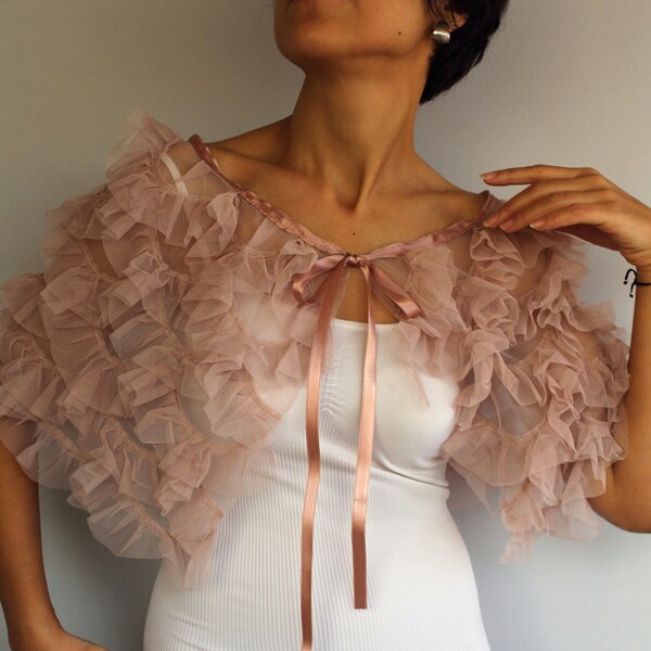 Bridal Cape Bridal Shrug, Blush Capelet, Bolero, Retro Fairytale Evening Powder Pink Ruffled Tulle, Romantic Wedding Accessory