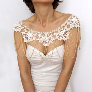 White lace bridal shoulder necklace, Wedding shoulder jewelry, Bridal chain capelet, Great Gatsby body accessory, Retro flapper cape bolero image 6