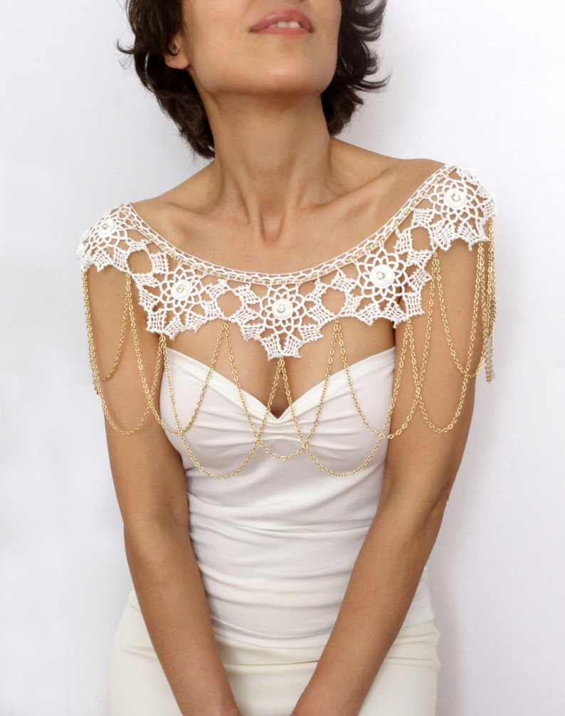 White lace bridal shoulder necklace, Wedding shoulder jewelry, Bridal chain capelet, Great Gatsby body accessory, Retro flapper cape bolero image 6