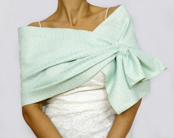 Pull through bridal wrap shawl, Double sided mint green gold capelet, Hands free wedding shawl, Bridal  cover up stole, Evening shrug bolero