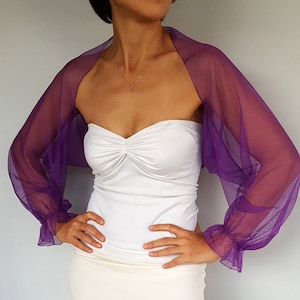 Tulle Wedding Jacket, Puff Sleeved Mesh Dress Cover Up, CUSTOM COLOR Ultra Violet, Purple Evening Wrap Bridesmaids Shrug Capelet image 5