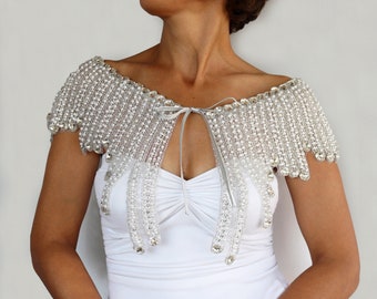 Capa de boda con cuentas, joyería de hombro de boda, capa de novia brillante, joyería de cuerpo nupcial, collar de novia de cristal, capa de bolero Art Deco