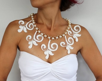 Pearl Lace Shoulder Necklace, Art Nouveau Bridal Capelet Topper