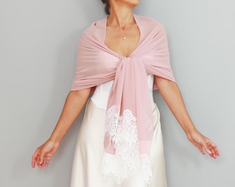 Pastel Pink Bridal Shawl: Lace Trim Chiffon Wrap, Wedding Stole