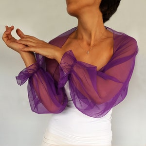 Veste de mariage en tulle, robe en tulle à manches bouffantes, couleur personnalisée ultra violet, violet foulard de demoiselle d'honneur enveloppement Capelet Ultra Violet